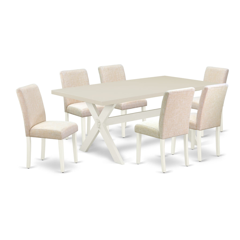 East West Furniture X027AB202-7 7 Piece Kitchen Table Set Consist of a Rectangle Dining Table with X-Legs and 6 Light Beige Linen Fabric Parson Dining Chairs, 40x72 Inch, Multi-Color