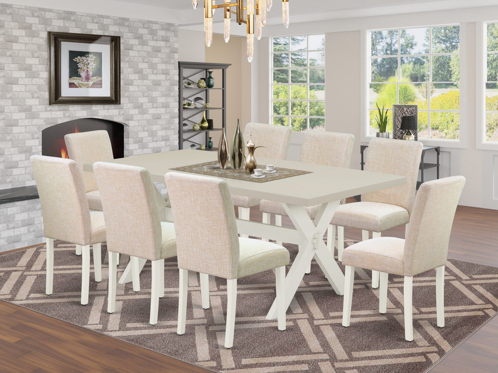 East West Furniture X027AB202-9 9 Piece Dining Set Includes a Rectangle Dining Room Table with X-Legs and 8 Light Beige Linen Fabric Upholstered Chairs, 40x72 Inch, Multi-Color