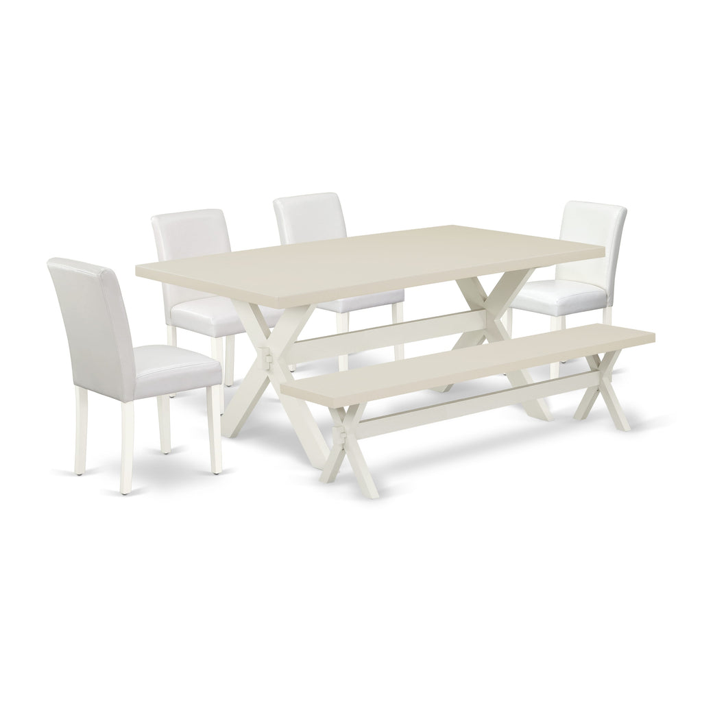 East West Furniture X027AB264-6 6 Piece Dining Table Set Contains a Rectangle Kitchen Table with X-Legs and 4 White Faux Leather Upholstered Chairs with a Bench, 40x72 Inch, Multi-Color