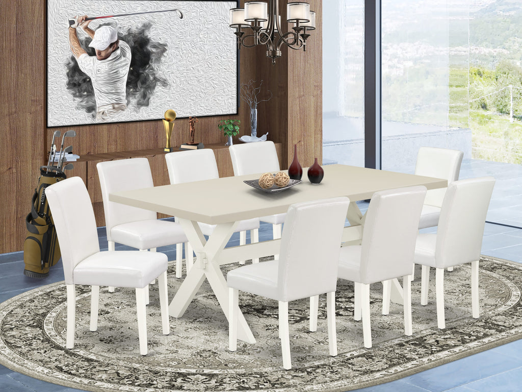 East West Furniture X027AB264-9 9 Piece Dining Set Includes a Rectangle Dining Room Table with X-Legs and 8 White Faux Leather Upholstered Parson Chairs, 40x72 Inch, Multi-Color