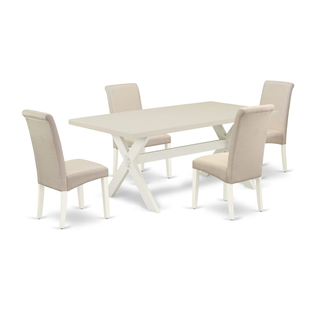 East West Furniture X027BA201-5 5 Piece Kitchen Table Set for 4 Includes a Rectangle Dining Room Table with X-Legs and 4 Cream Linen Fabric Upholstered Chairs, 40x72 Inch, Multi-Color
