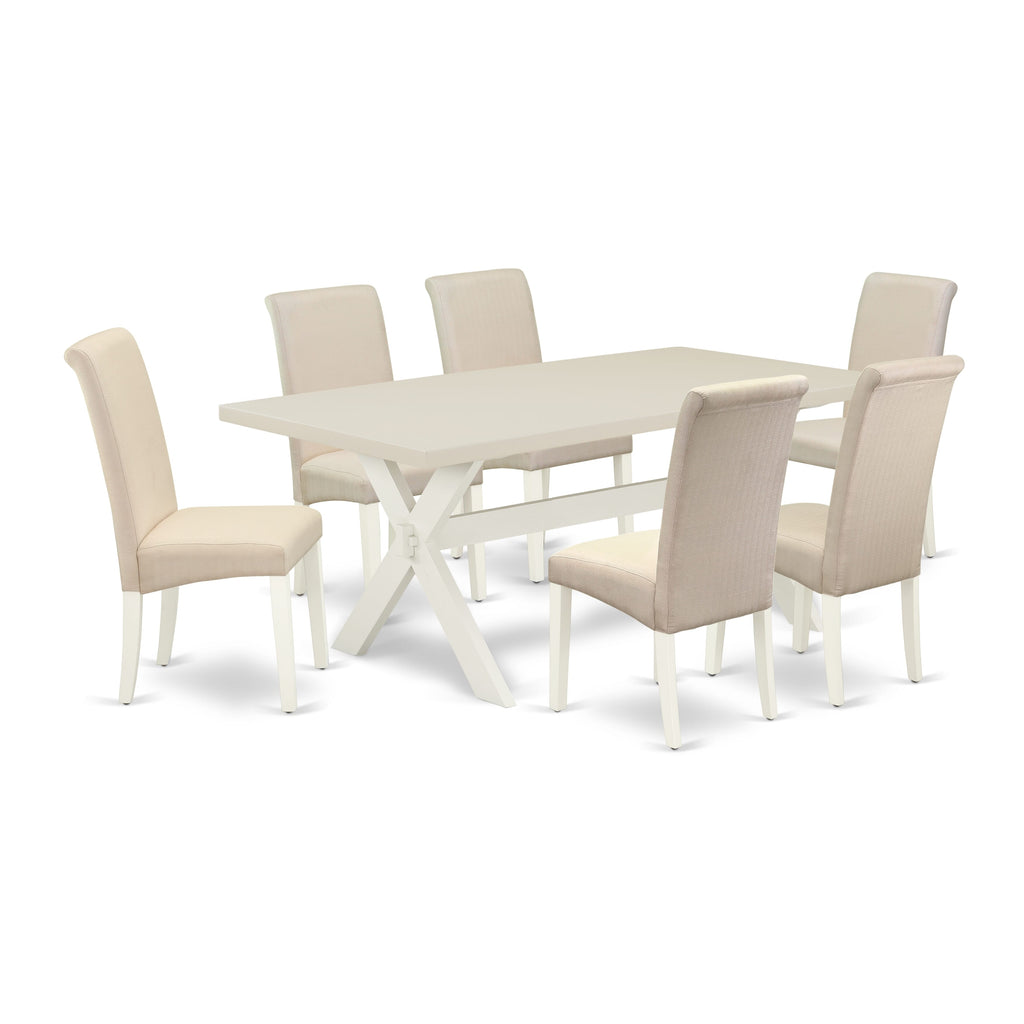 East West Furniture X027BA201-7 7 Piece Dining Table Set Consist of a Rectangle Kitchen Table with X-Legs and 6 Cream Linen Fabric Parson Dining Room Chairs, 40x72 Inch, Multi-Color