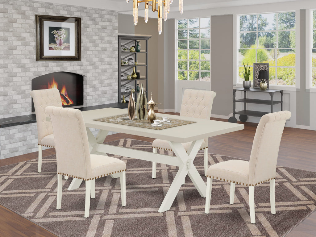 East West Furniture X027BR202-5 5 Piece Dining Set Includes a Rectangle Dining Room Table with X-Legs and 4 Light Beige Linen Fabric Upholstered Parson Chairs, 40x72 Inch, Multi-Color