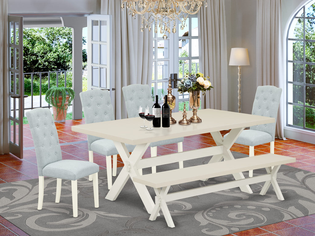 East West Furniture X027CE215-6 6 Piece Dining Room Set Contains a Rectangle Dining Table with X-Legs and 4 Baby Blue Linen Fabric Parson Chairs with a Bench, 40x72 Inch, Multi-Color
