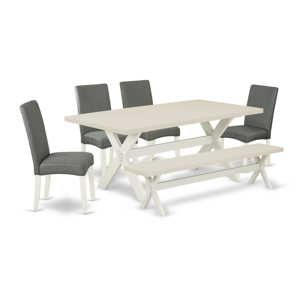 East West Furniture X027DR207-6 6 Piece Dining Set Contains a Rectangle Dining Room Table with X-Legs and 4 Gray Linen Fabric Upholstered Chairs with a Bench, 40x72 Inch, Multi-Color