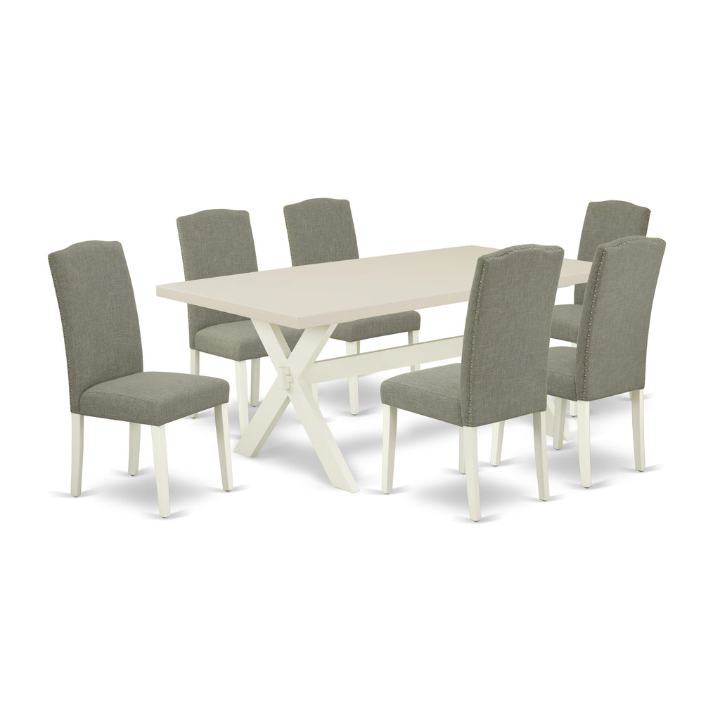 East West Furniture X027EN206-7 7 Piece Dining Room Furniture Set Consist of a Rectangle Dining Table with X-Legs and 6 Dark Shitake Linen Fabric Parsons Chairs, 40x72 Inch, Multi-Color