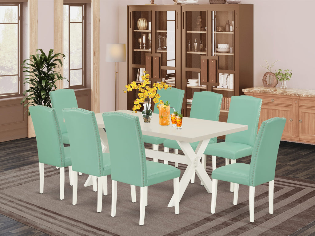East West Furniture X027EN257-9 9 Piece Modern Dining Table Set Includes a Rectangle Wooden Table with X-Legs and 8 Pond Faux Leather Upholstered Chairs, 40x72 Inch, Multi-Color