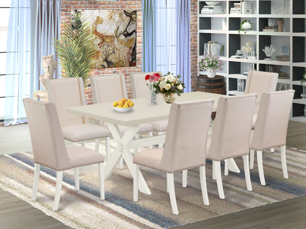 East West Furniture X027FL201-9 9 Piece Dining Room Table Set Includes a Rectangle Dining Table with X-Legs and 8 Cream Linen Fabric Upholstered Parson Chairs, 40x72 Inch, Multi-Color