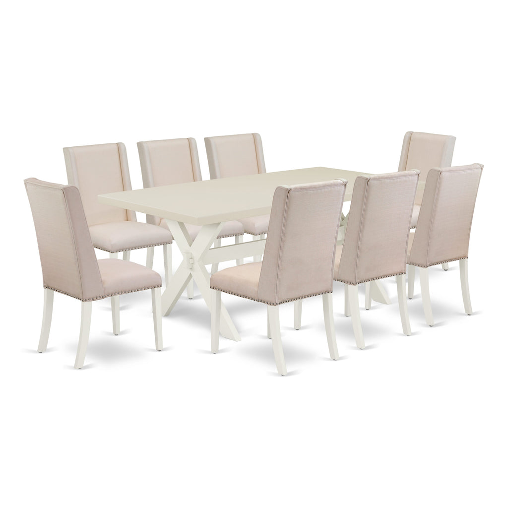 East West Furniture X027FL201-9 9 Piece Dining Room Table Set Includes a Rectangle Dining Table with X-Legs and 8 Cream Linen Fabric Upholstered Parson Chairs, 40x72 Inch, Multi-Color