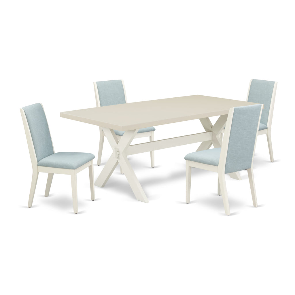 East West Furniture X027LA015-5 5 Piece Dining Room Furniture Set Includes a Rectangle Dining Table with X-Legs and 4 Baby Blue Linen Fabric Upholstered Chairs, 40x72 Inch, Multi-Color