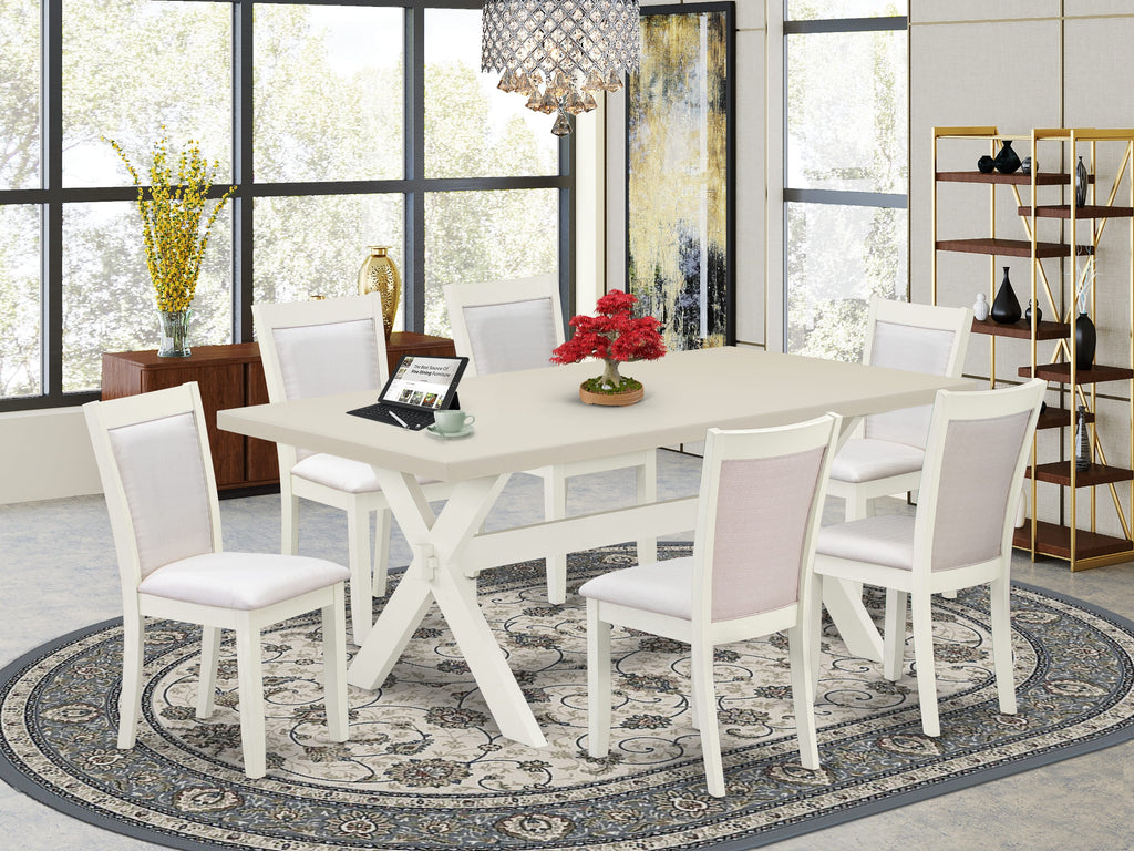 East West Furniture X027MZ001-7 7 Piece Modern Dining Table Set Consist of a Rectangle Wooden Table with X-Legs and 6 Cream Linen Fabric Parson Dining Chairs, 40x72 Inch, Multi-Color