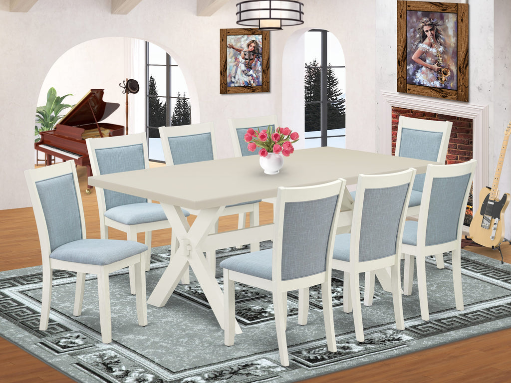 East West Furniture X027MZ015-9 9 Piece Dining Table Set Includes a Rectangle Dining Room Table with X-Legs and 8 Baby Blue Linen Fabric Upholstered Chairs, 40x72 Inch, Multi-Color