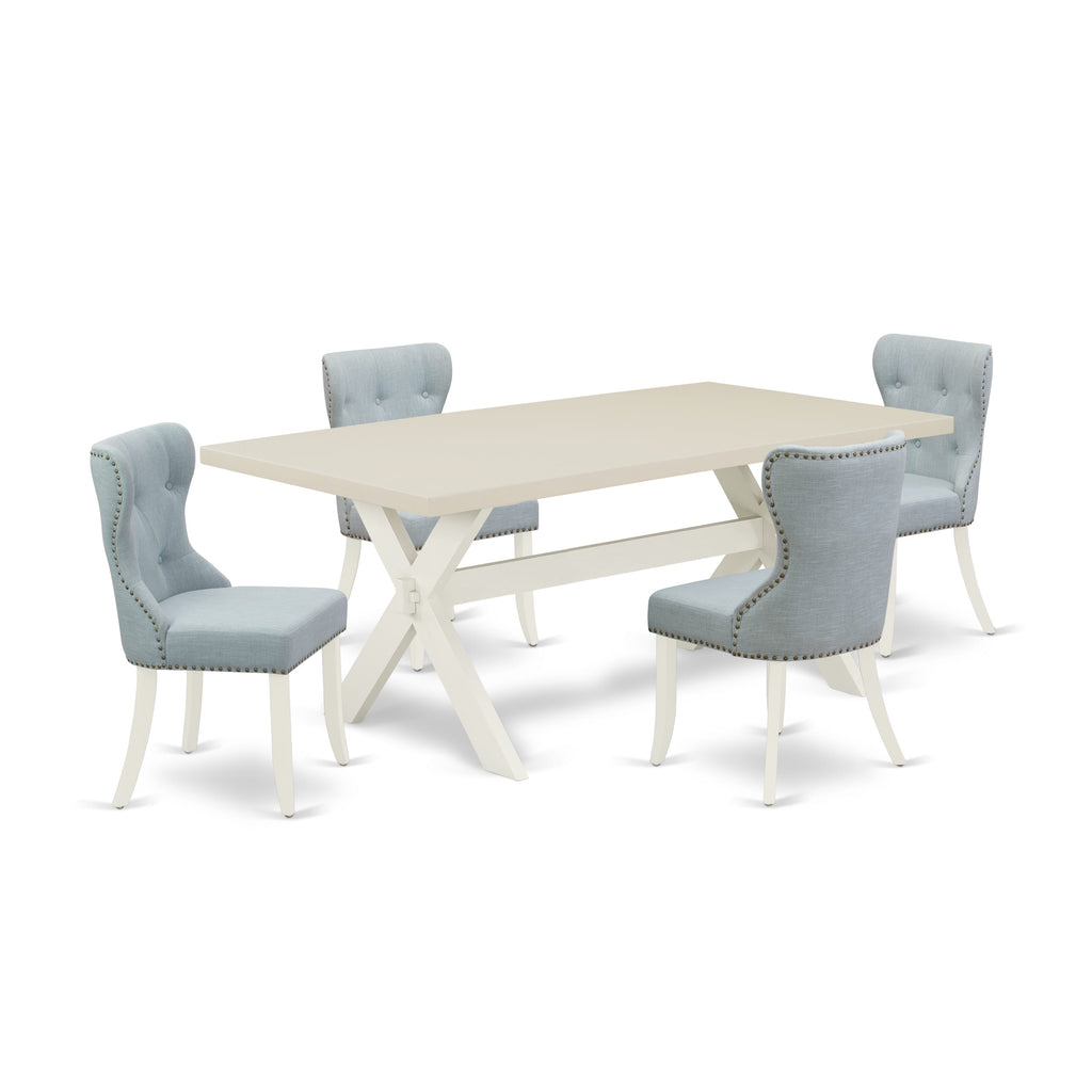 East West Furniture X027SI215-5 5 Piece Dining Room Table Set Includes a Rectangle Dining Table with X-Legs and 4 Baby Blue Linen Fabric Upholstered Parson Chairs, 40x72 Inch, Multi-Color
