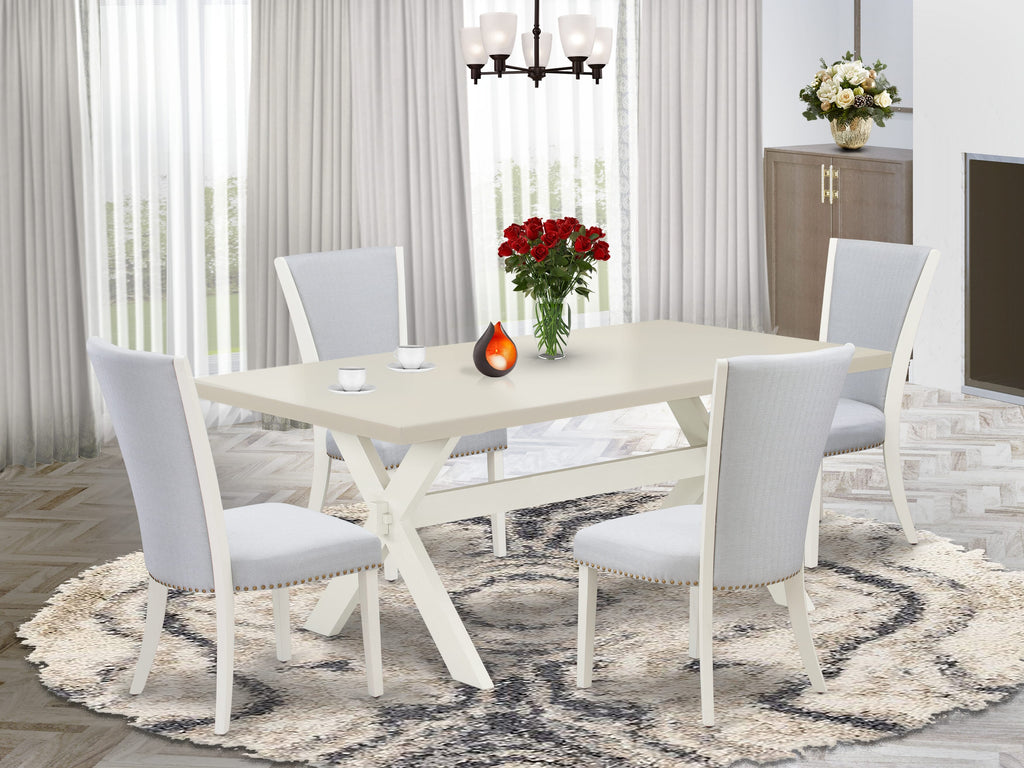 East West Furniture X027VE005-5 5 Piece Dining Room Table Set Includes a Rectangle Kitchen Table with X-Legs and 4 Grey Linen Fabric Parsons Dining Chairs, 40x72 Inch, Multi-Color
