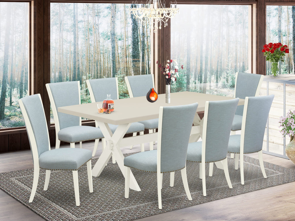 East West Furniture X027VE215-9 9 Piece Dining Room Table Set Includes a Rectangle Dining Table with X-Legs and 8 Baby Blue Linen Fabric Upholstered Parson Chairs, 40x72 Inch, Multi-Color