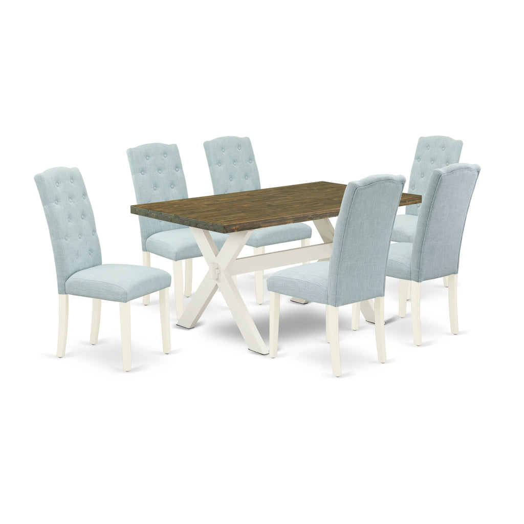 East West Furniture X076CE215-7 7 Piece Dining Table Set Consist of a Rectangle Dining Room Table with X-Legs and 6 Baby Blue Linen Fabric Upholstered Chairs, 36x60 Inch, Multi-Color