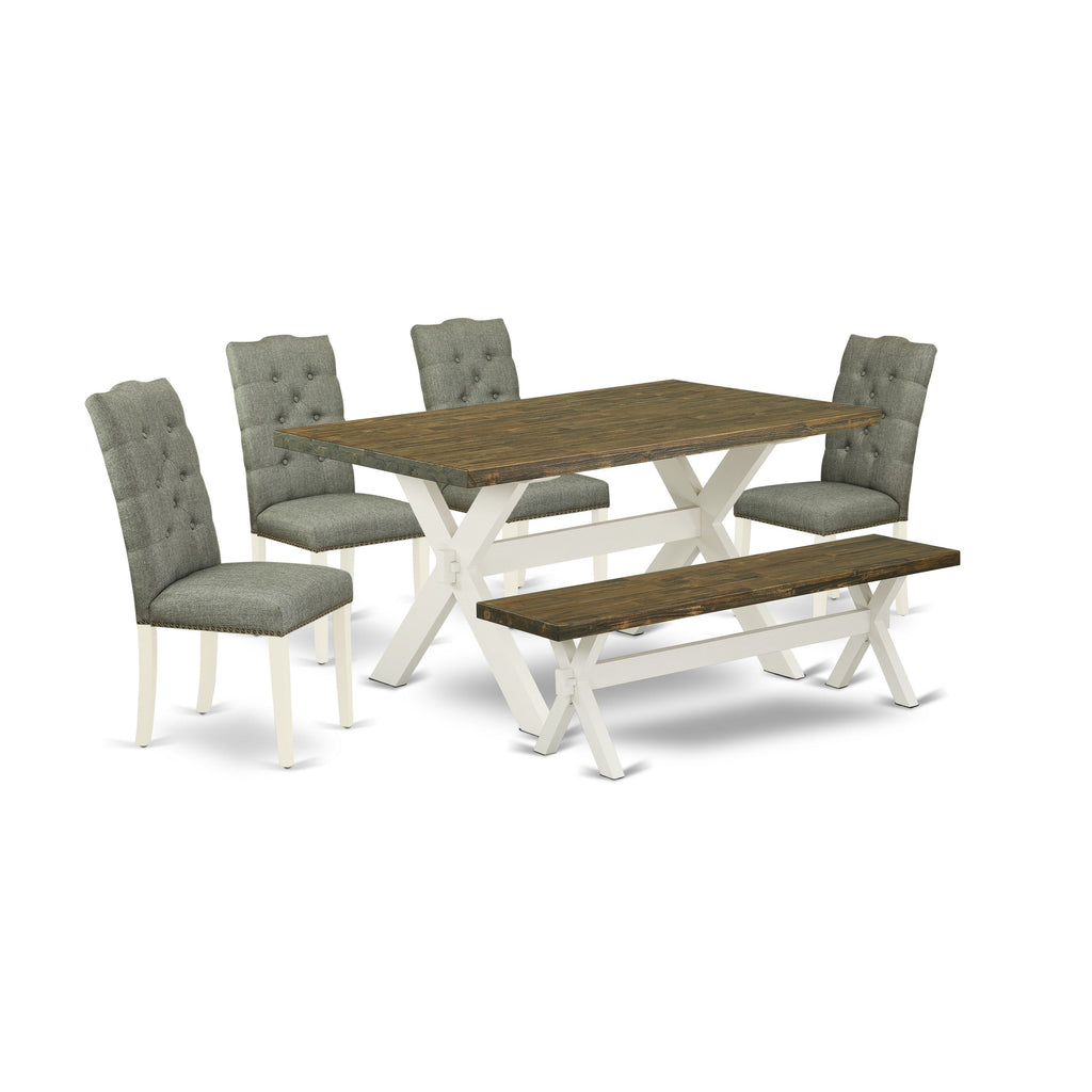 East West Furniture X076EL207-6 6 Piece Kitchen Table & Chairs Set Contains a Rectangle Wooden Table and 4 Gray Linen Fabric Parson Chairs with a Bench, 36x60 Inch, Multi-Color