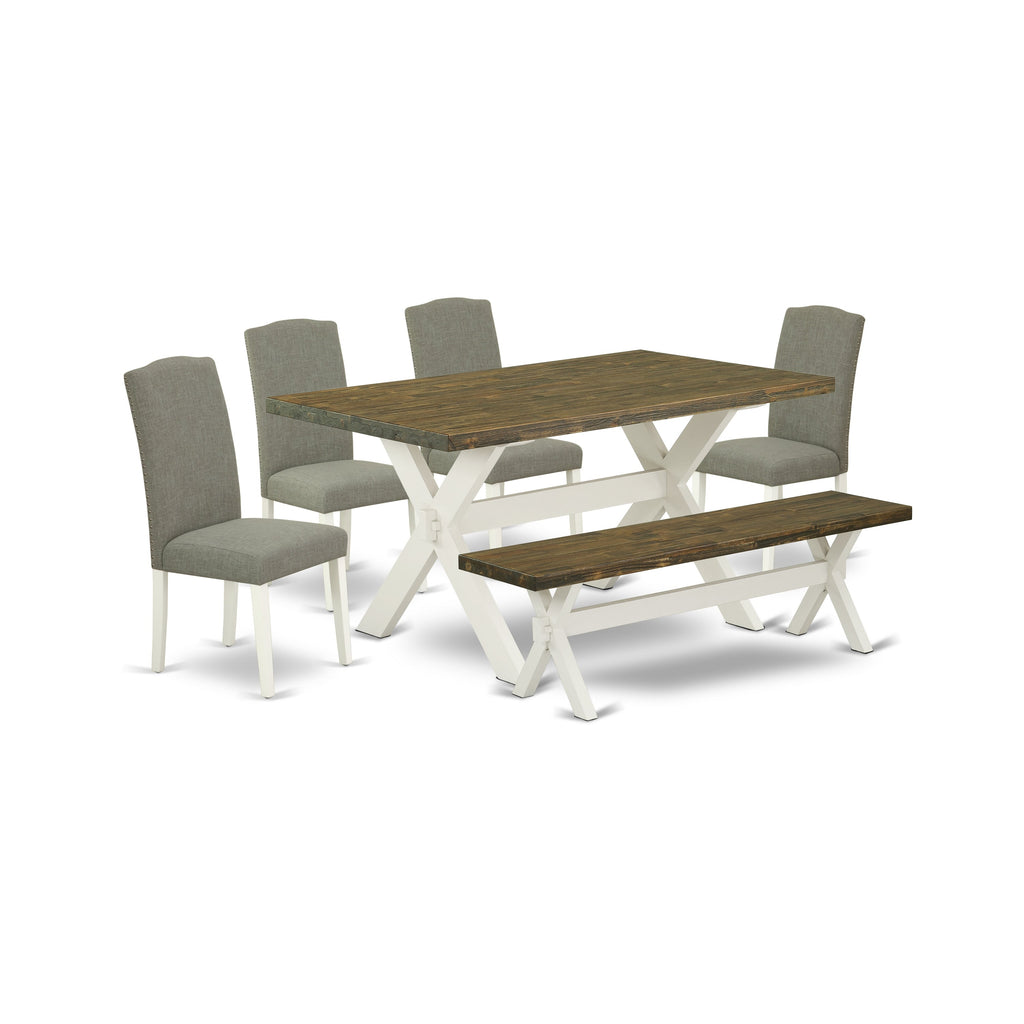 East West Furniture X076EN206-6 6 Piece Kitchen Table & Chairs Set Contains a Rectangle Dining Room Table and 4 Dark Shitake Linen Fabric Parson Chairs with a Bench, 36x60 Inch, Multi-Color