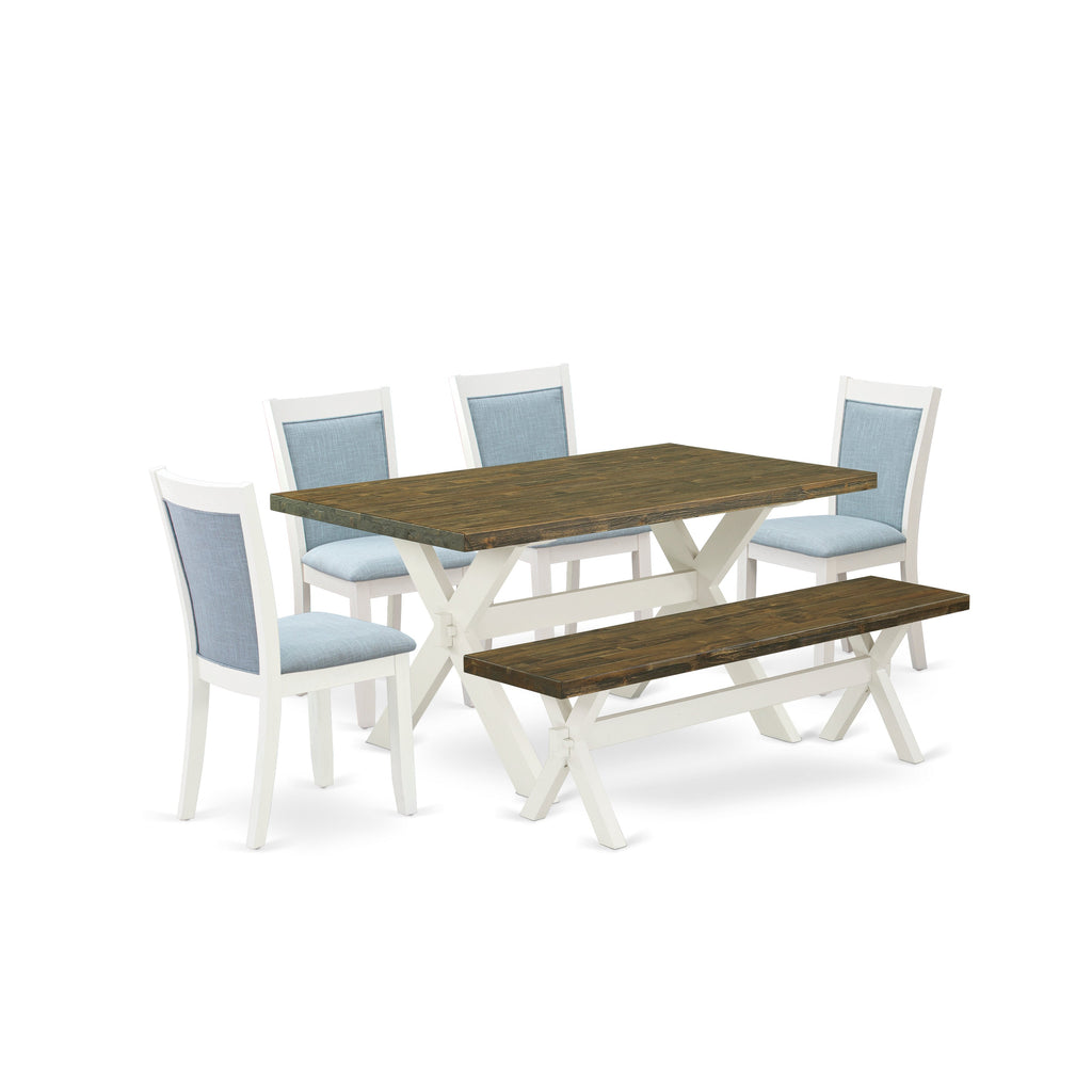 East West Furniture X076MZ015-6 6 Piece Dining Table Set Contains a Rectangle Dining Room Table with X-Legs and 4 Baby Blue Linen Fabric Parson Chairs with a Bench, 36x60 Inch, Multi-Color