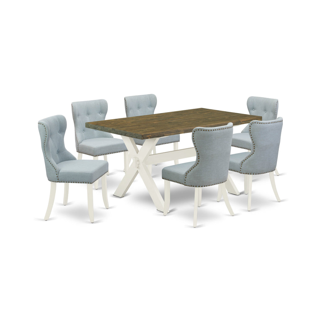 East West Furniture X076SI215-7 7 Piece Dining Set Consist of a Rectangle Dining Room Table with X-Legs and 6 Baby Blue Linen Fabric Upholstered Chairs, 36x60 Inch, Multi-Color