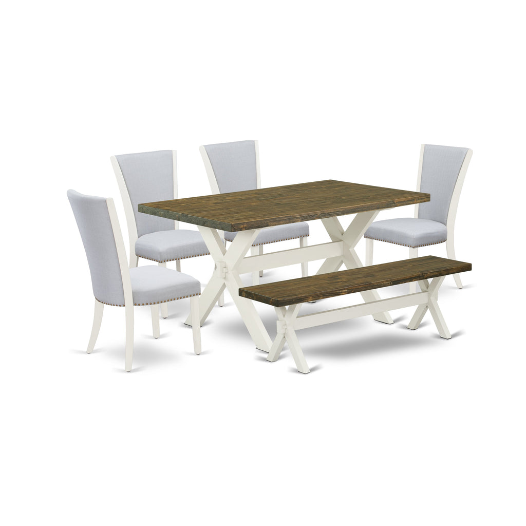 East West Furniture X076VE005-6 6 Piece Kitchen Table Set Contains a Rectangle Dining Table with X-Legs and 4 Grey Linen Fabric Parson Chairs with a Bench, 36x60 Inch, Multi-Color