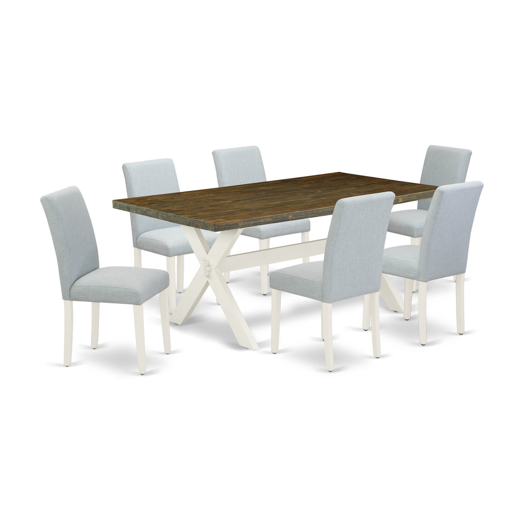 East West Furniture X077AB015-7 7 Piece Dining Room Table Set Consist of a Rectangle Dining Table with X-Legs and 6 Baby Blue Linen Fabric Upholstered Chairs, 40x72 Inch, Multi-Color