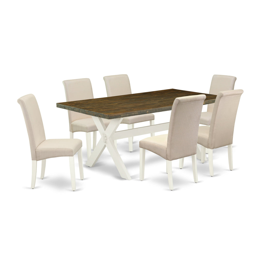 East West Furniture X077BA201-7 7 Piece Dinette Set Consist of a Rectangle Dining Room Table with X-Legs and 6 Cream Linen Fabric Upholstered Parson Chairs, 40x72 Inch, Multi-Color
