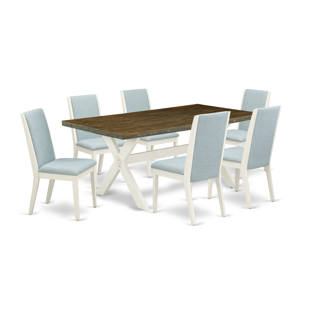 East West Furniture X077LA015-7 7 Piece Dining Room Table Set Consist of a Rectangle Kitchen Table with X-Legs and 6 Baby Blue Linen Fabric Parson Dining Chairs, 40x72 Inch, Multi-Color