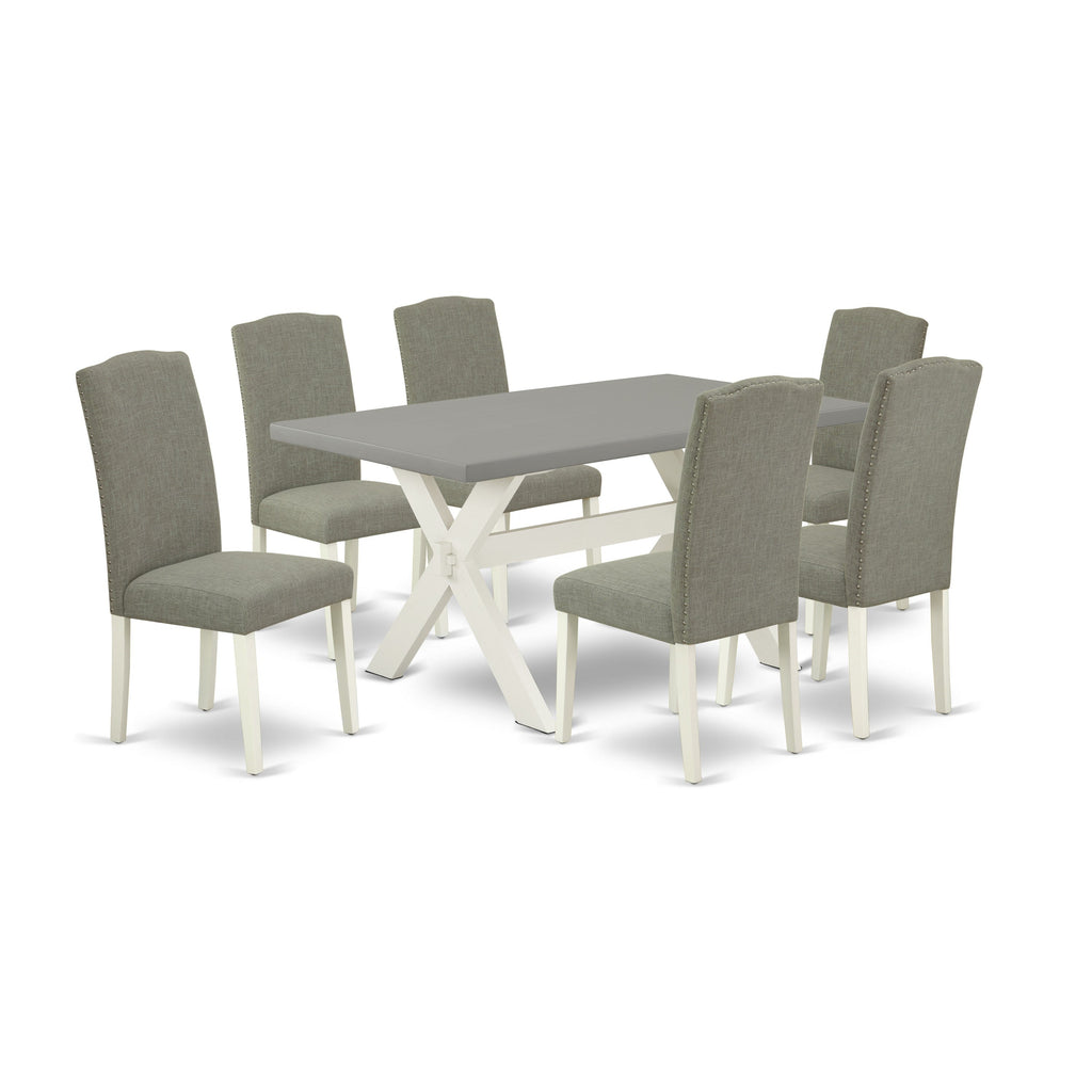 East West Furniture X096EN206-7 7 Piece Dining Table Set Consist of a Rectangle Dining Room Table with X-Legs and 6 Dark Shitake Linen Fabric Upholstered Chairs, 36x60 Inch, Multi-Color