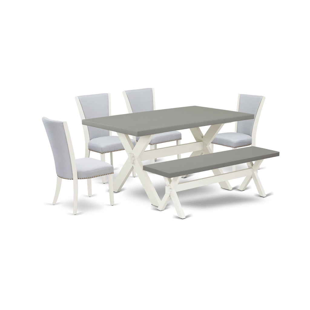 East West Furniture X096VE005-6 6 Piece Dining Set Contains a Rectangle Dining Room Table with X-Legs and 4 Grey Linen Fabric Parson Chairs with a Bench, 36x60 Inch, Multi-Color