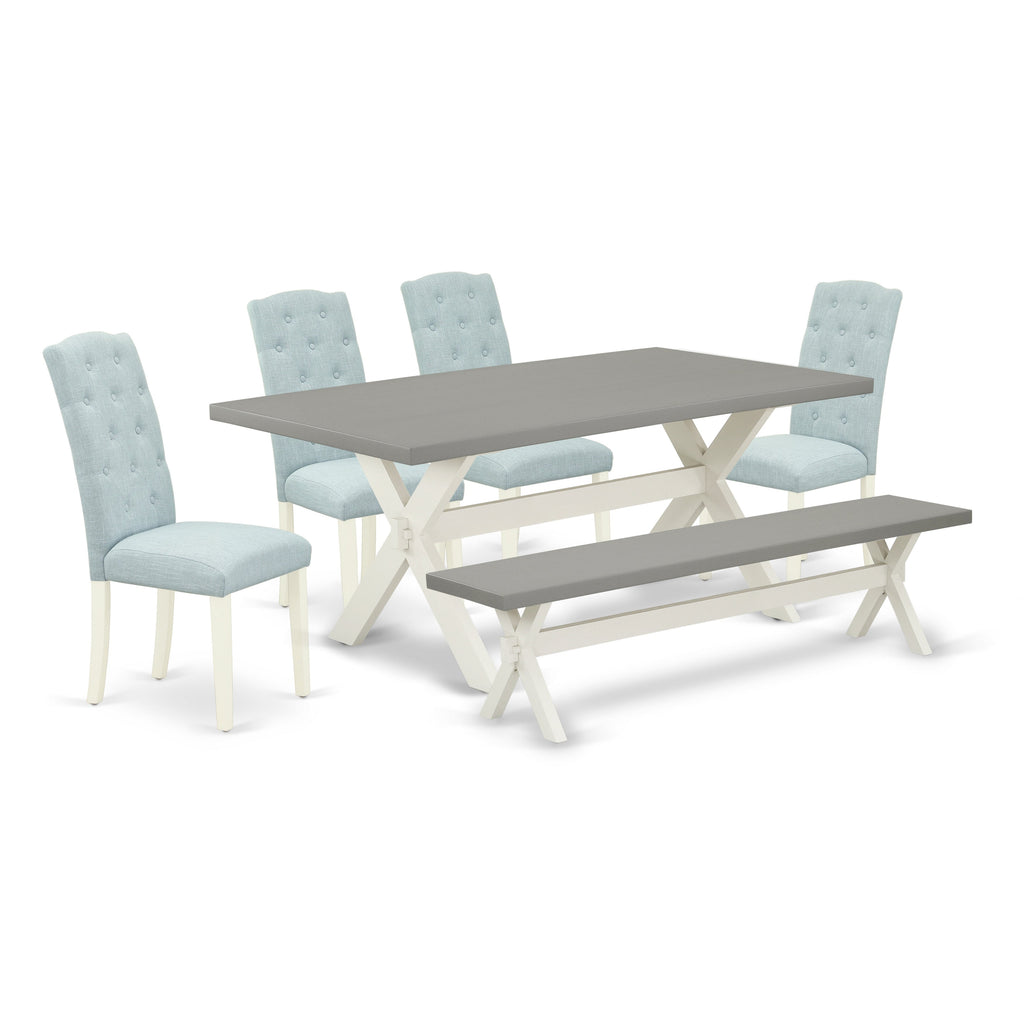 East West Furniture X097CE215-6 6 Piece Dining Room Table Set Contains a Rectangle Kitchen Table with X-Legs and 4 Baby Blue Linen Fabric Parson Chairs with a Bench, 40x72 Inch, Multi-Color