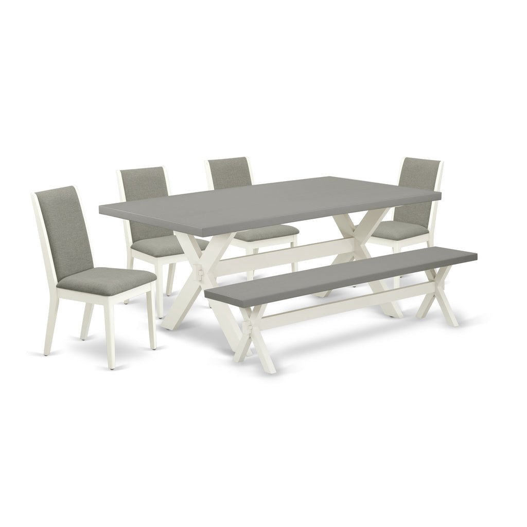 East West Furniture X097LA206-6 6 Piece Modern Dining Table Set Contains a Rectangle Wooden Table with X-Legs and 4 Shitake Linen Fabric Parson Chairs with a Bench, 40x72 Inch, Multi-Color