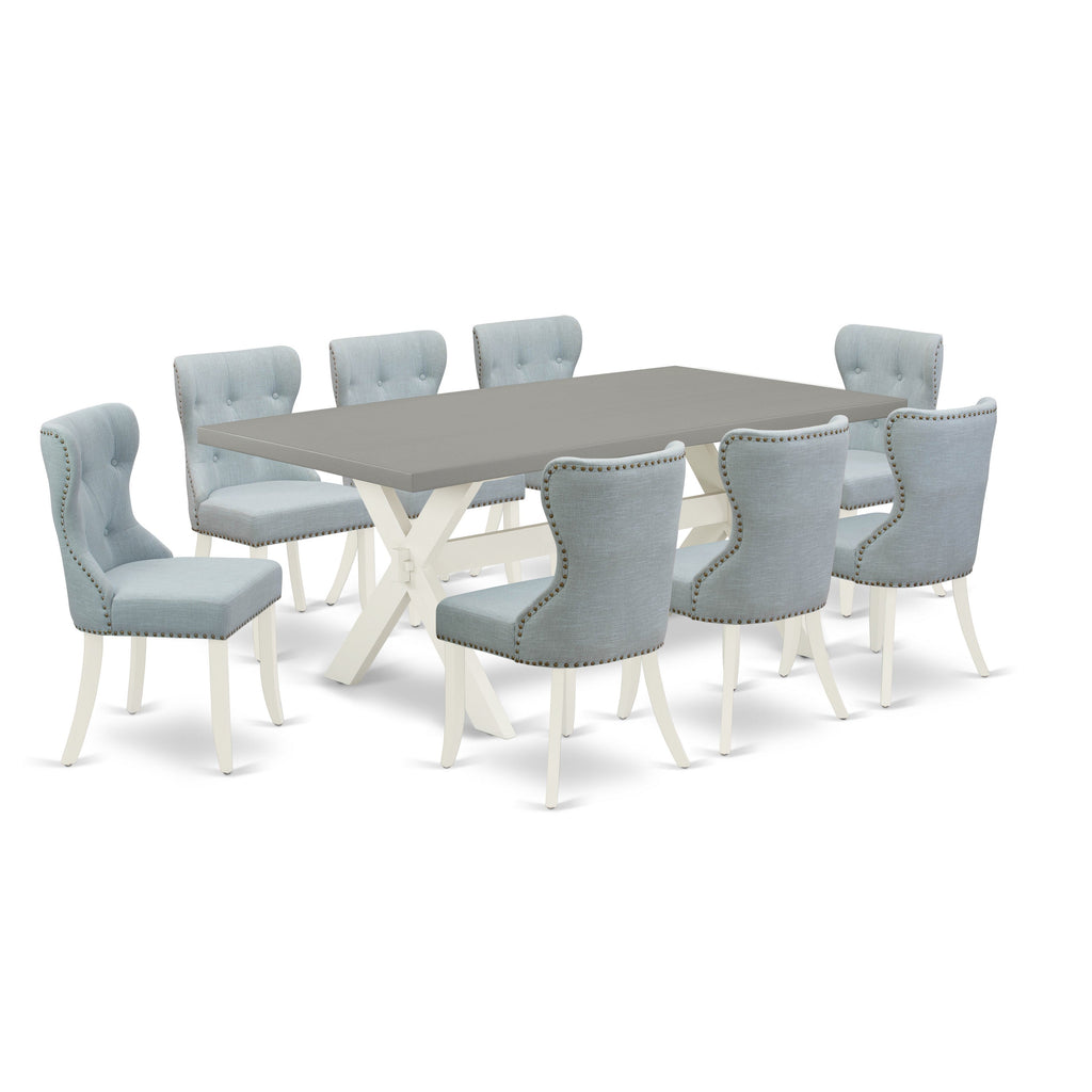 East West Furniture X097SI215-9 9 Piece Kitchen Table & Chairs Set Includes a Rectangle Dining Room Table with X-Legs and 8 Baby Blue Linen Fabric Parsons Chairs, 40x72 Inch, Multi-Color