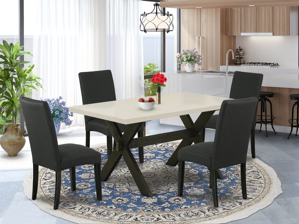 East West Furniture X626DR124-5 5 Piece Dining Room Furniture Set Includes a Rectangle Dining Table with X-Legs and 4 Black Color Linen Fabric Upholstered Chairs, 36x60 Inch, Multi-Color