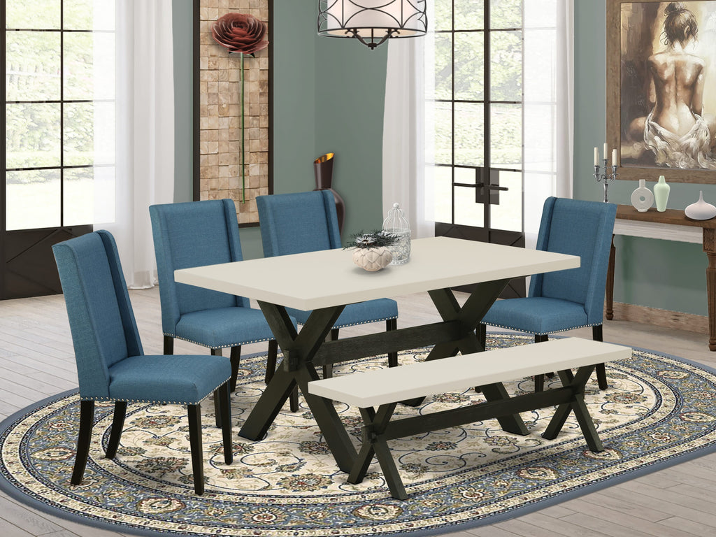 East West Furniture X626FL121-6 6 Piece Dinette Set Contains a Rectangle Dining Table with X-Legs and 4 Blue Linen Fabric Parson Chairs with a Bench, 36x60 Inch, Multi-Color