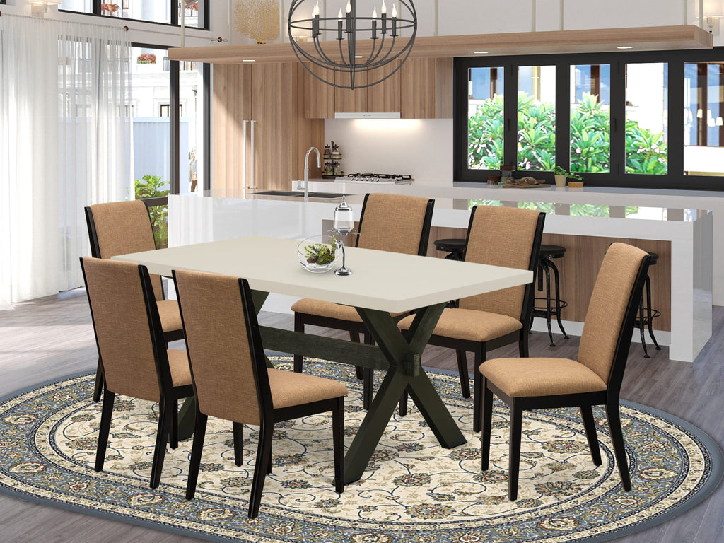 East West Furniture X626LA147-7 7 Piece Dining Room Furniture Set Consist of a Rectangle Dining Table with X-Legs and 6 Light Sable Linen Fabric Parson Chairs, 36x60 Inch, Multi-Color