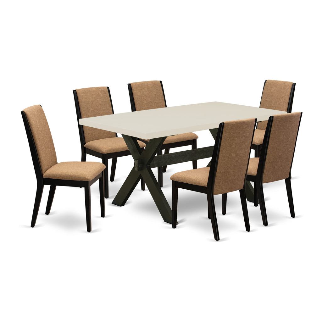 East West Furniture X626LA147-7 7 Piece Dining Room Furniture Set Consist of a Rectangle Dining Table with X-Legs and 6 Light Sable Linen Fabric Parson Chairs, 36x60 Inch, Multi-Color