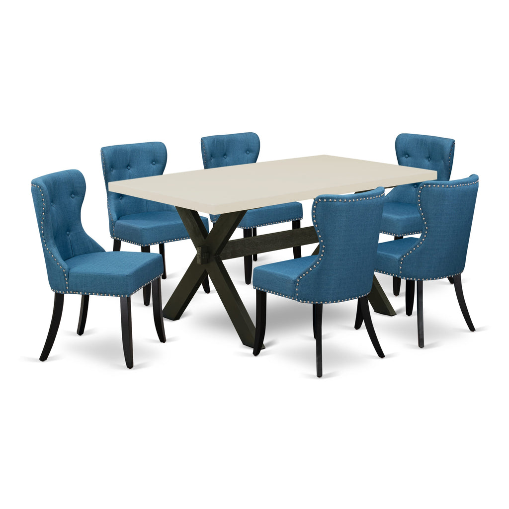 East West Furniture X626SI121-7 7 Piece Kitchen Table & Chairs Set Consist of a Rectangle Dining Room Table with X-Legs and 6 Blue Linen Fabric Upholstered Chairs, 36x60 Inch, Multi-Color