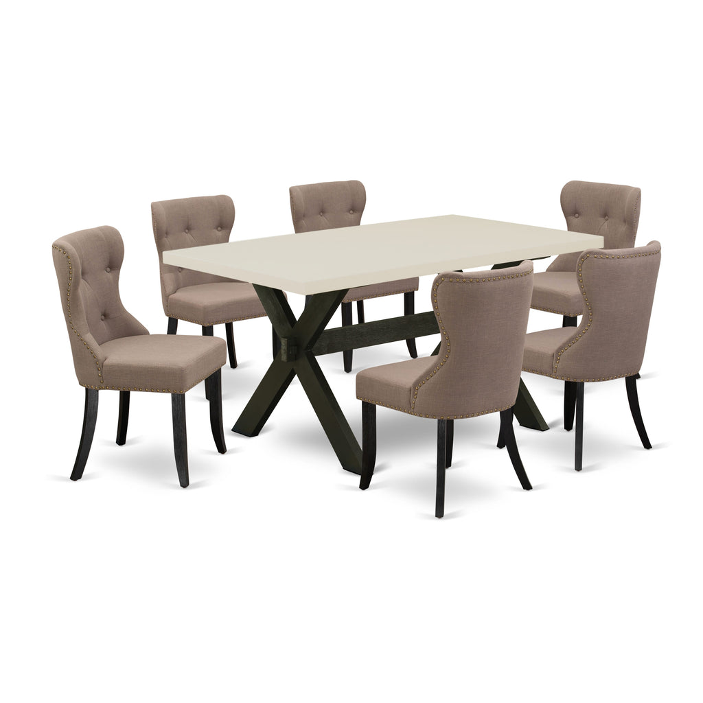 East West Furniture X626SI648-7 7 Piece Dining Set Consist of a Rectangle Dining Room Table with X-Legs and 6 Coffee Linen Fabric Upholstered Parson Chairs, 36x60 Inch, Multi-Color