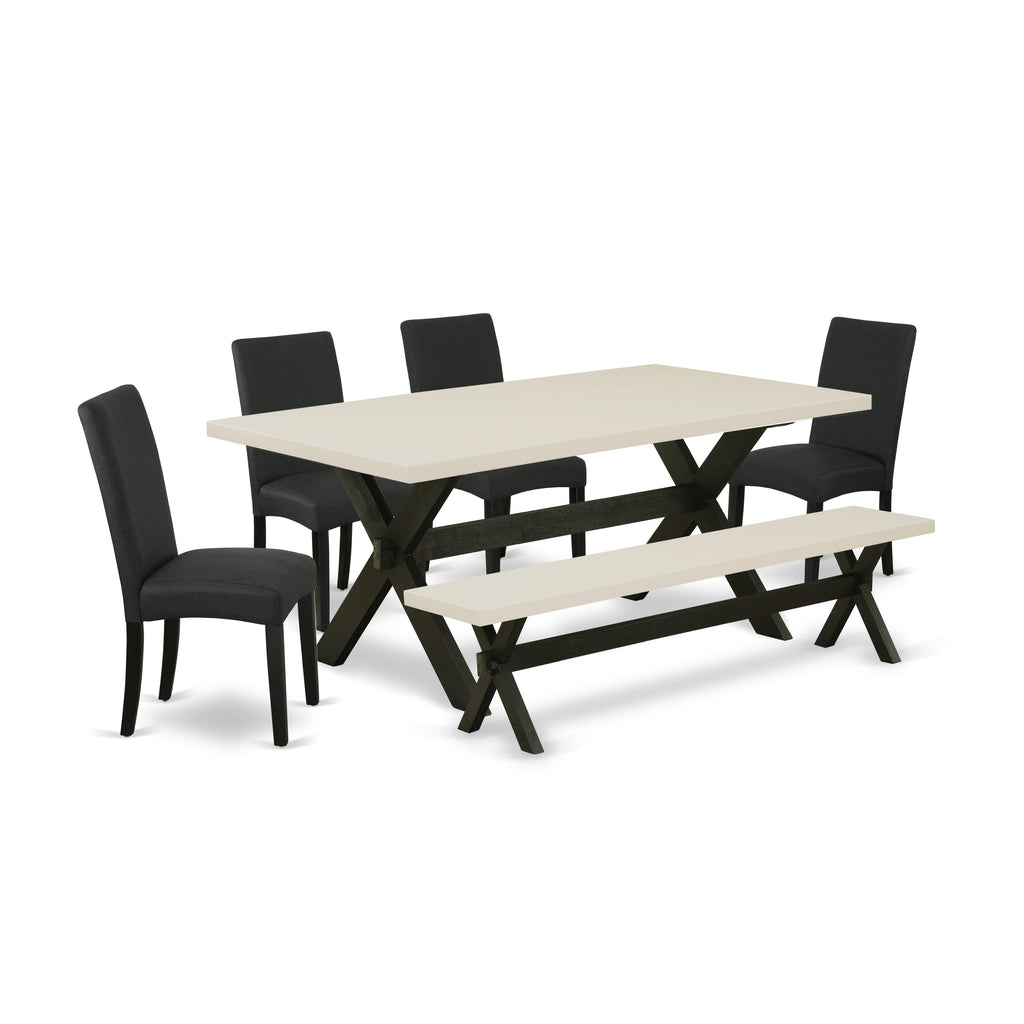 East West Furniture X627DR124-6 6 Piece Dining Table Set Contains a Rectangle Wooden Table with X-Legs and 4 Black Color Linen Fabric Parson Chairs with a Bench, 40x72 Inch, Multi-Color