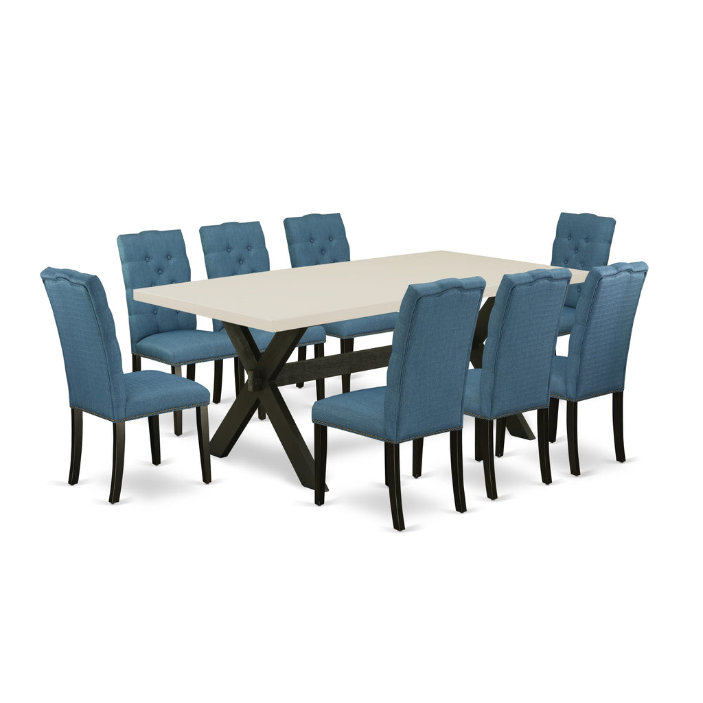 East West Furniture X627EL121-9 9 Piece Dining Room Table Set Includes a Rectangle Dining Table with X-Legs and 8 Blue Linen Fabric Upholstered Parson Chairs, 40x72 Inch, Multi-Color