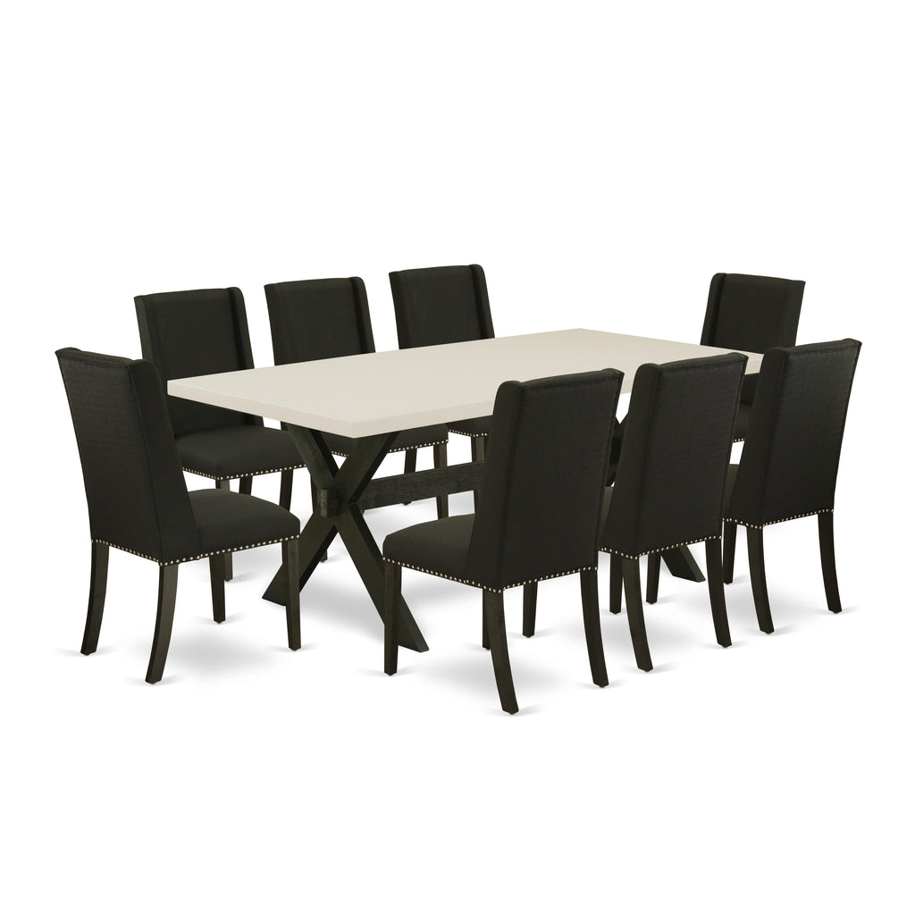 East West Furniture X627FL624-9 9 Piece Dining Room Furniture Set Includes a Rectangle Dining Table with X-Legs and 8 Black Linen Fabric Upholstered Parson Chairs, 40x72 Inch, Multi-Color