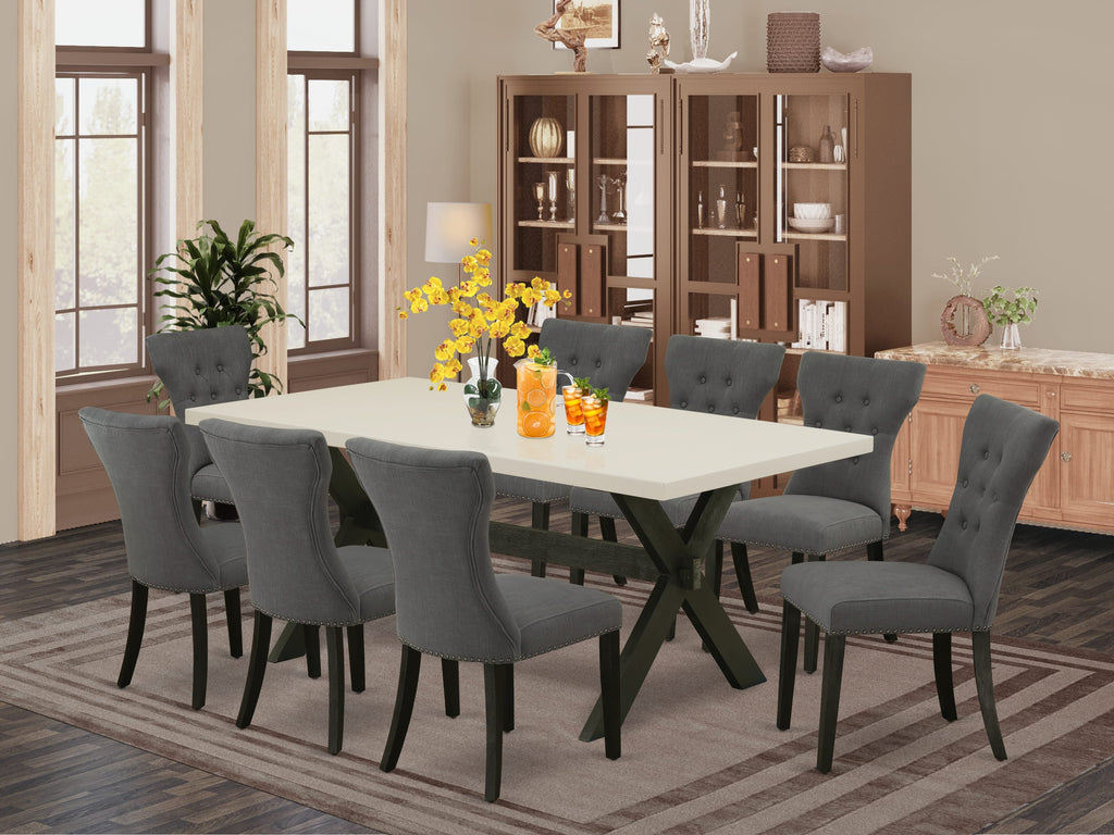 East West Furniture X627GA650-9 9 Piece Kitchen Table Set Includes a Rectangle Dining Table with X-Legs and 8 Dark Gotham Linen Fabric Parson Dining Room Chairs, 40x72 Inch, Multi-Color