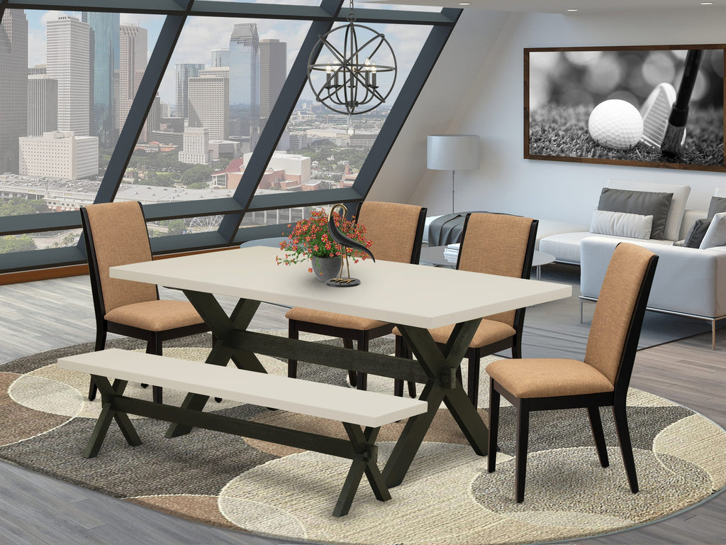 East West Furniture X627LA147-6 6 Piece Dining Set Contains a Rectangle Dining Room Table with X-Legs and 4 Light Sable Linen Fabric Parson Chairs with a Bench, 40x72 Inch, Multi-Color