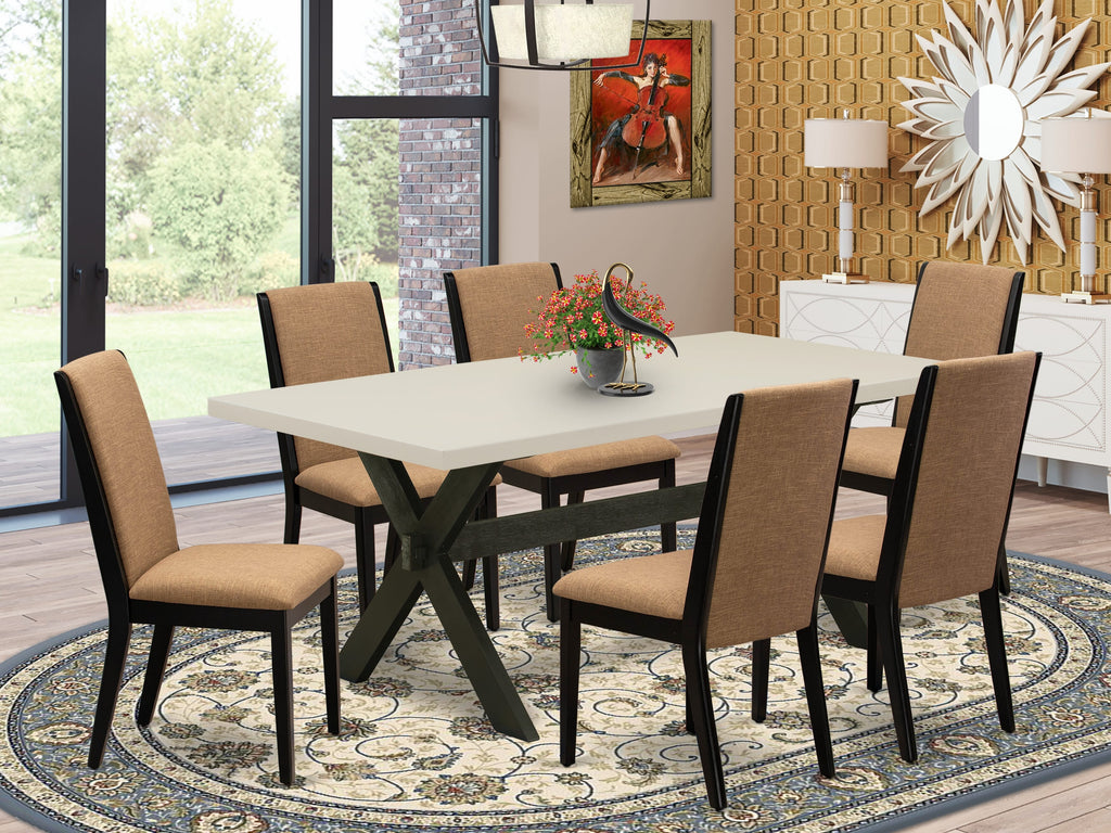 East West Furniture X627LA147-7 7 Piece Dining Table Set Consist of a Rectangle Dining Room Table with X-Legs and 6 Light Sable Linen Fabric Upholstered Chairs, 40x72 Inch, Multi-Color