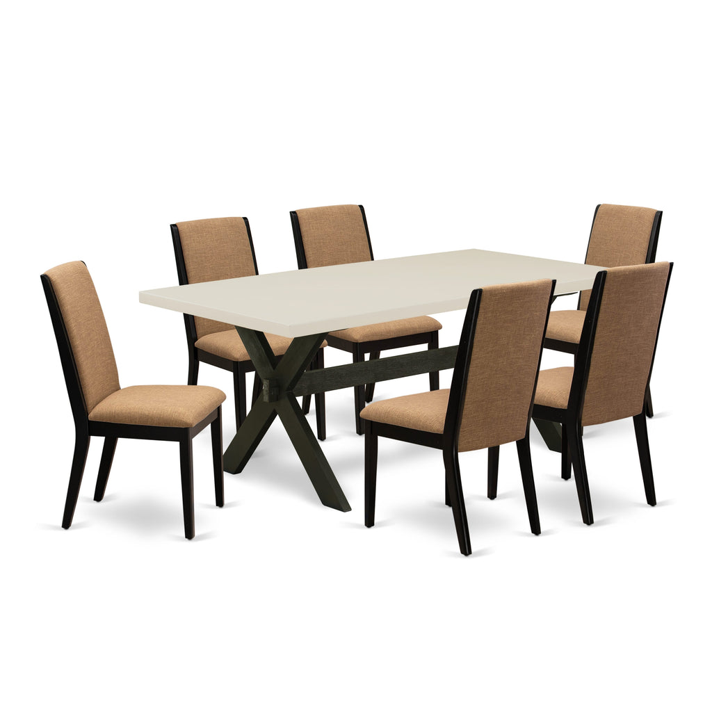 East West Furniture X627LA147-7 7 Piece Dining Table Set Consist of a Rectangle Dining Room Table with X-Legs and 6 Light Sable Linen Fabric Upholstered Chairs, 40x72 Inch, Multi-Color