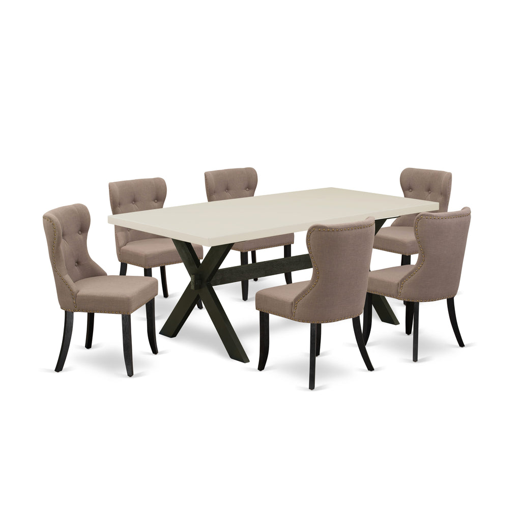 East West Furniture X627SI648-7 7 Piece Dining Room Furniture Set Consist of a Rectangle Dining Table with X-Legs and 6 Coffee Linen Fabric Upholstered Chairs, 40x72 Inch, Multi-Color