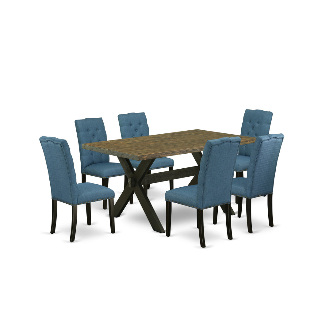 East West Furniture X676EL121-7 7 Piece Kitchen Table & Chairs Set Consist of a Rectangle Dining Room Table with X-Legs and 6 Blue Linen Fabric Parsons Chairs, 36x60 Inch, Multi-Color