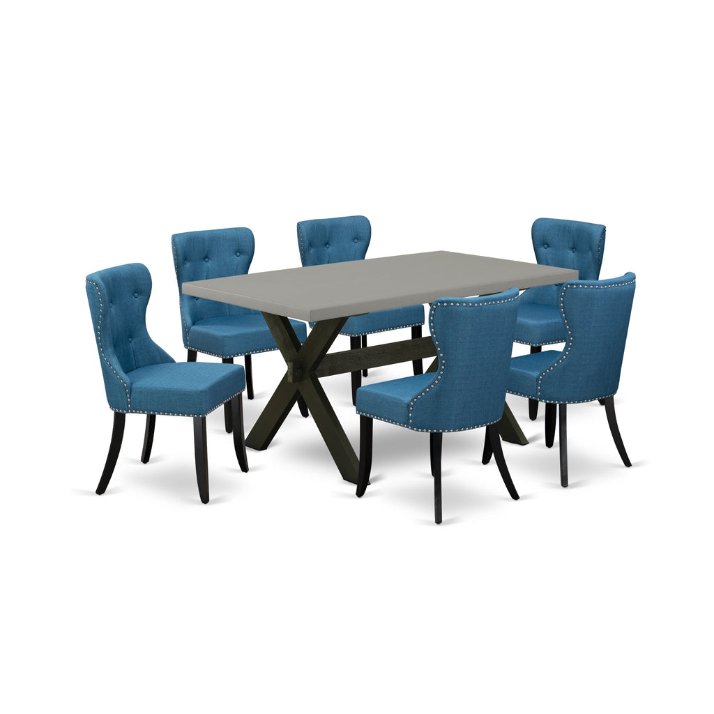 East West Furniture X696SI121-7 7 Piece Dinette Set Consist of a Rectangle Dining Room Table with X-Legs and 6 Blue Linen Fabric Upholstered Parson Chairs, 36x60 Inch, Multi-Color