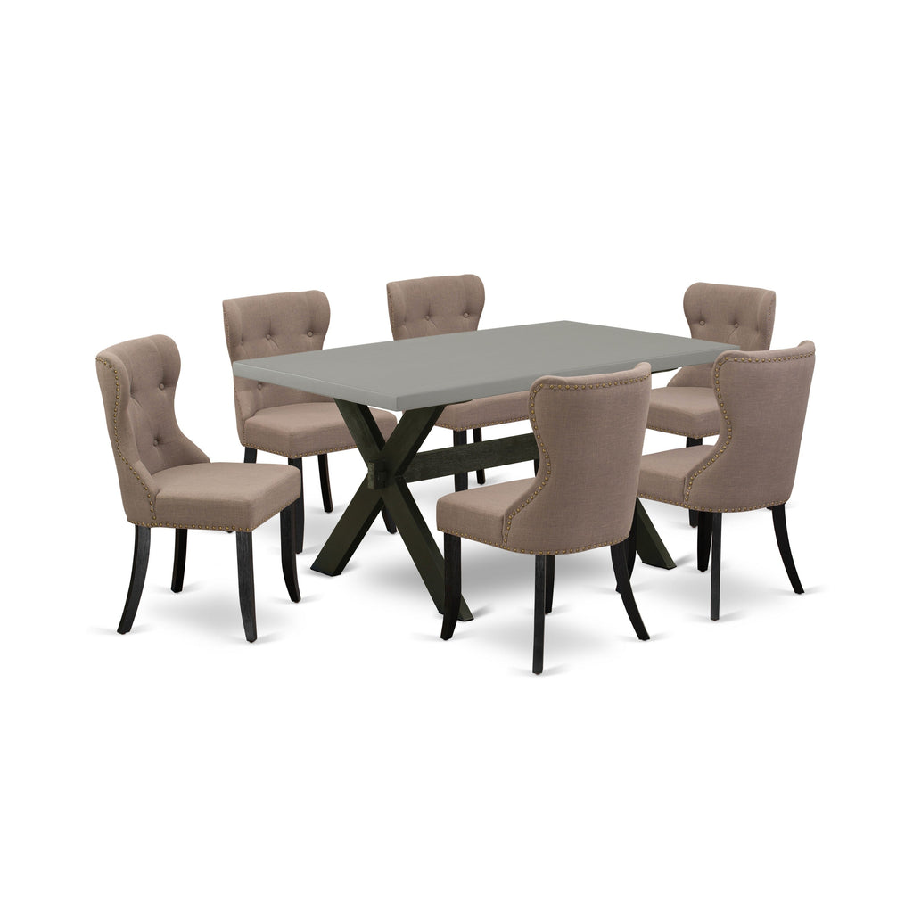 East West Furniture X696SI648-7 7 Piece Kitchen Table & Chairs Set Consist of a Rectangle Dining Room Table with X-Legs and 6 Coffee Linen Fabric Upholstered Chairs, 36x60 Inch, Multi-Color